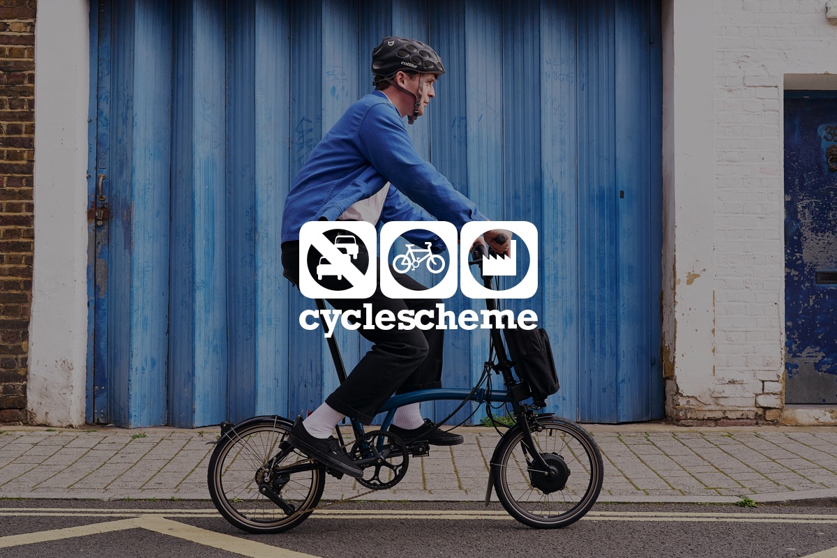 A man riding a Brompton bike through town with white graphic overlay of the Cyclescheme logo
