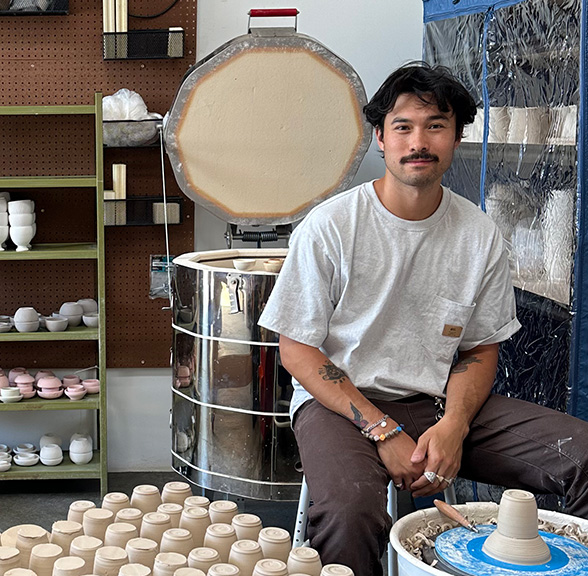 Ceramicist Danny Dooreck in his studio for the Brompton x Bear Grylls campaign