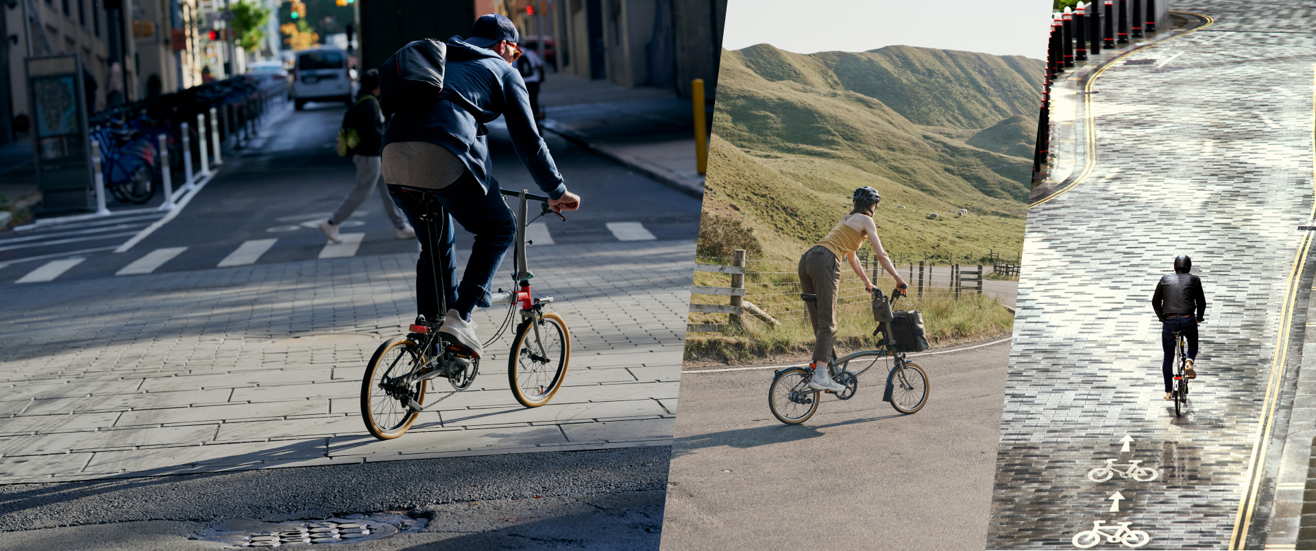 collage of different riders on brompton bikes in different settings