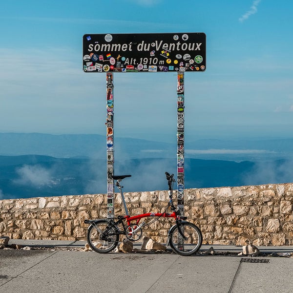 The One Millionth Brompton folding bike at the summit of Mont Ventoux