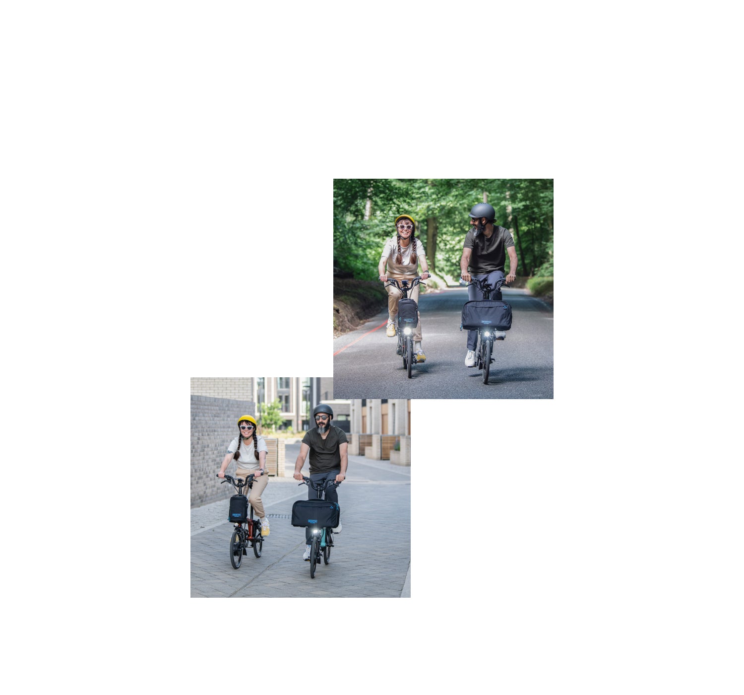 A graphic overlay of two lifestyle images of happy people riding Brompton Electric C Lines with the text "Freedom in the city, and beyond."