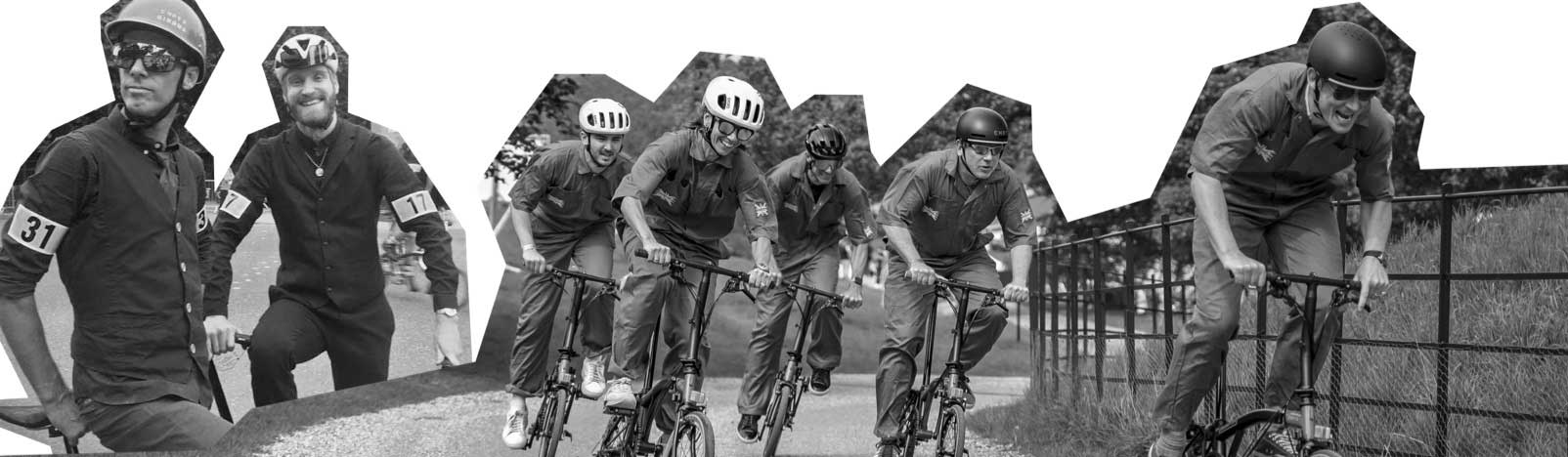 A cut out black and white photograph of cyclists riding the Brompton x CHPT3 bikes
