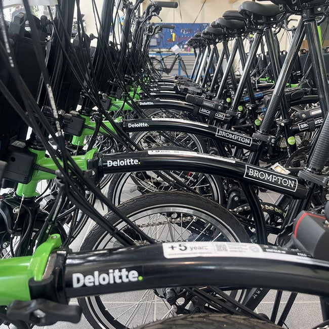 Green Deloitte bikes in a line