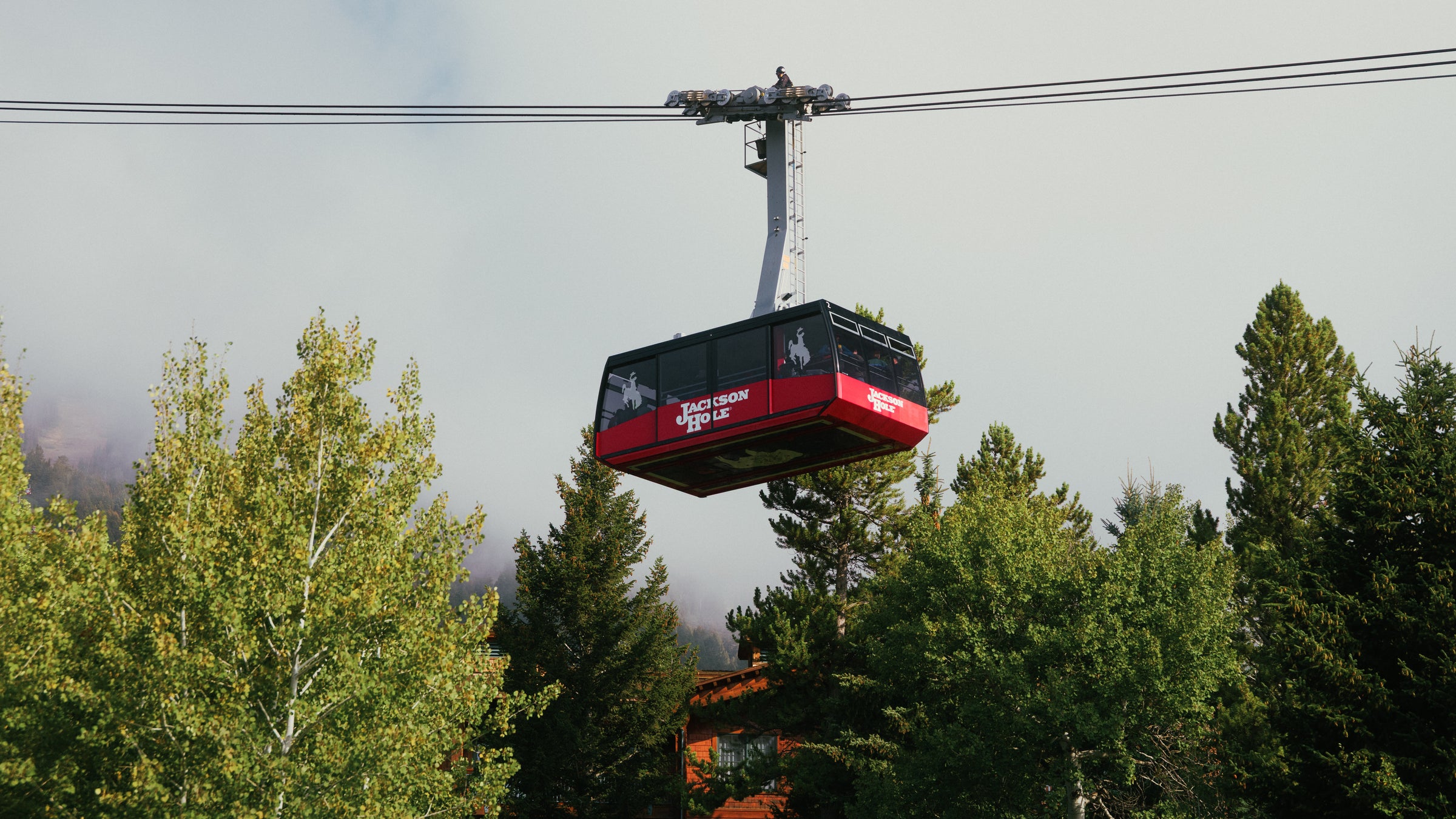 The famous Jackson Hole tram acsends the mountain.