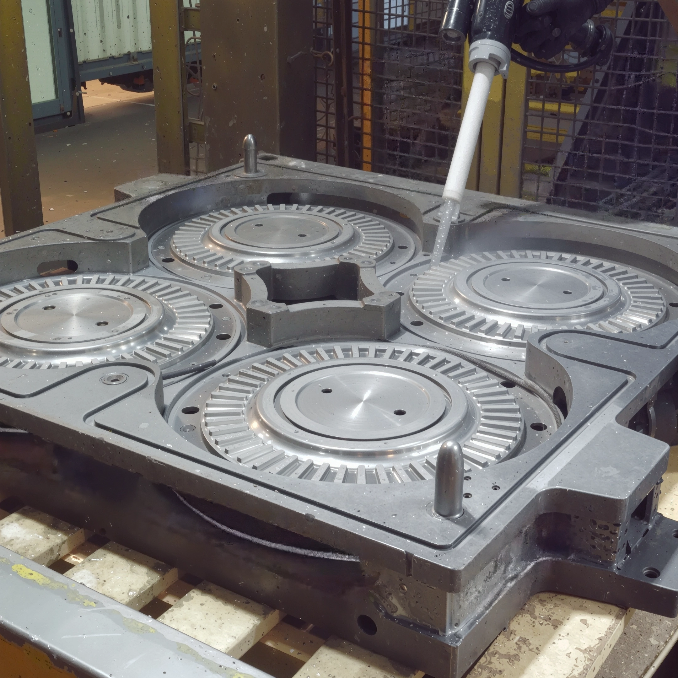 Buse automatisée projetant de la glace carbonique sur un moule aluminium multi-empreintes pour composants de freinage.