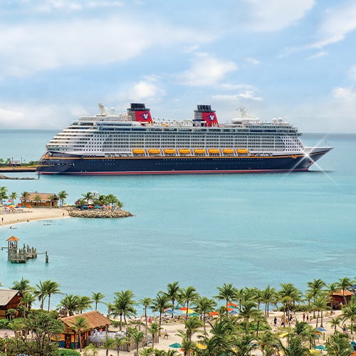 Disney Cruise Line Ship along an island coastline