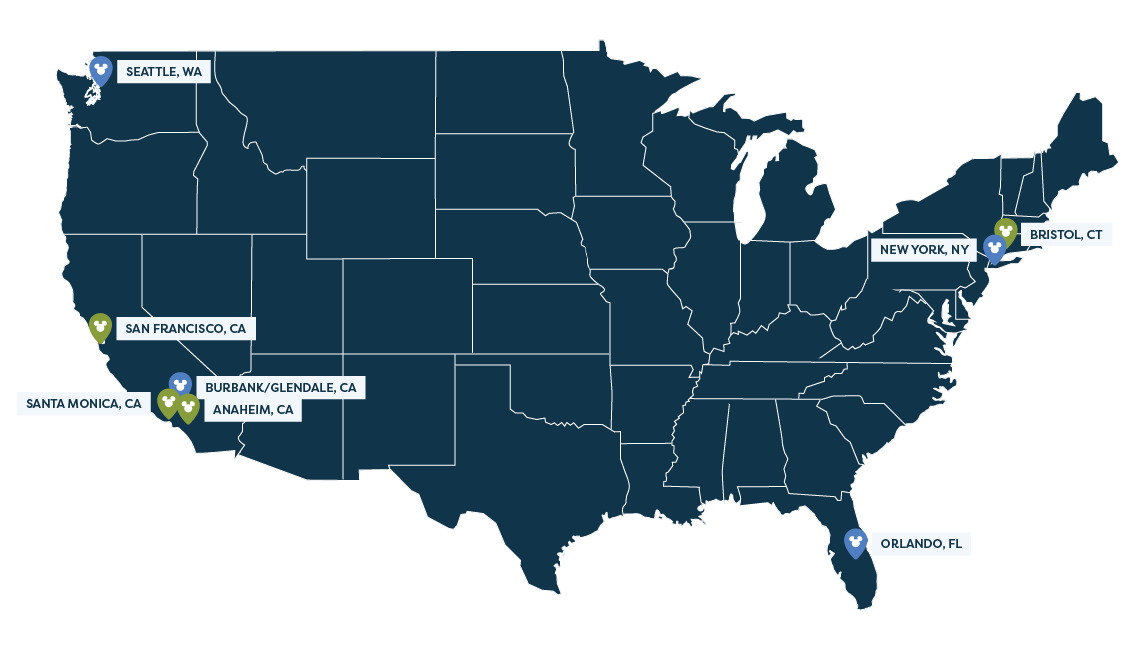 United States map displaying various locations