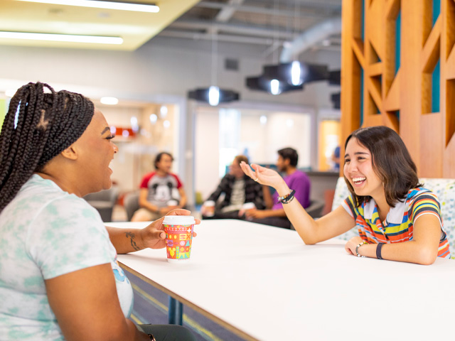 Lively conversation and laughter in a social space