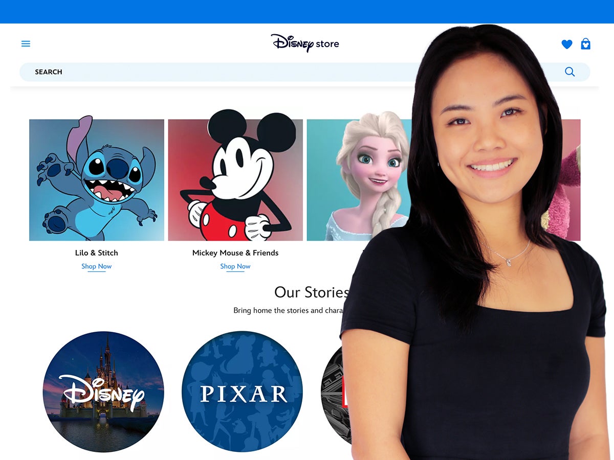 Singapore intern, Audrey has black hair and is smiling in front of a background of the Disney store website