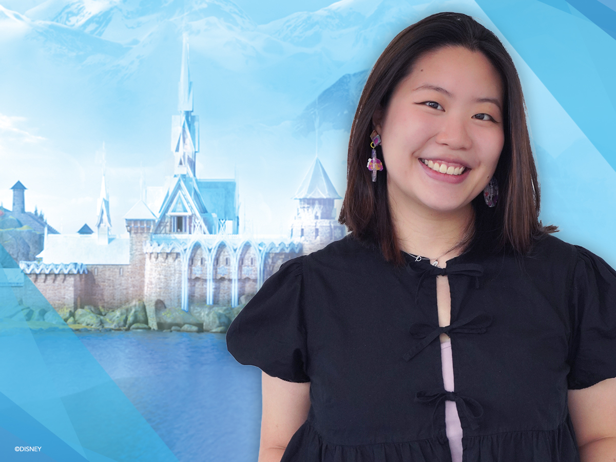 Image of the intern Natasha placed over a background of the castle from Frozen