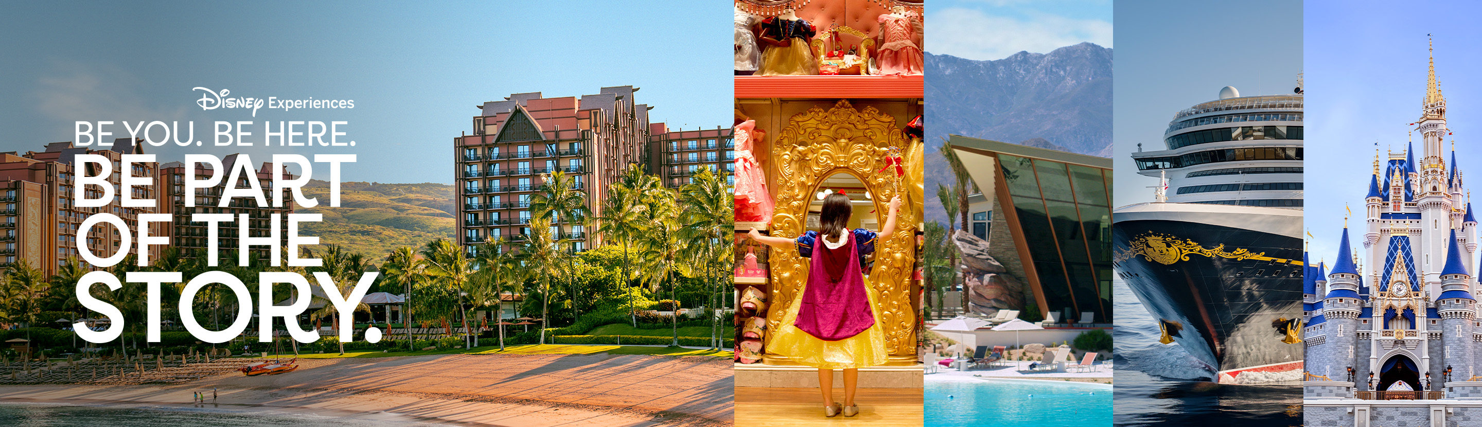 A collage of Disney Experiences offerings including Disney Parks, Disney Cruise Line and Disney Signature Experiences