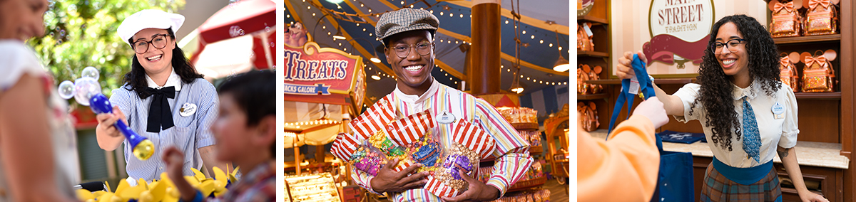 young people in costume, smiling and handing merchandise to guests at Disney parks