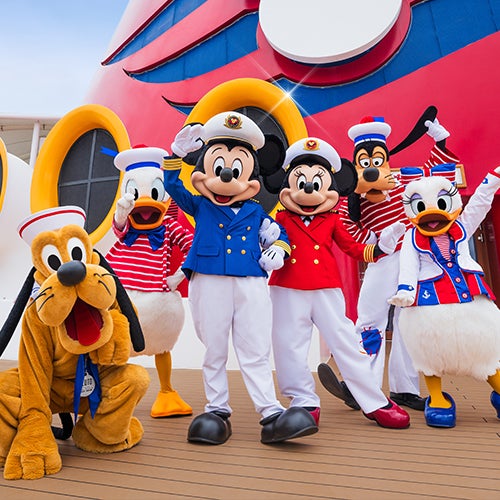 Pluto, Donald, Mickey Mouse, Minnie Mouse, Goofy and Daisy aboard a Disney Cruise Line ship