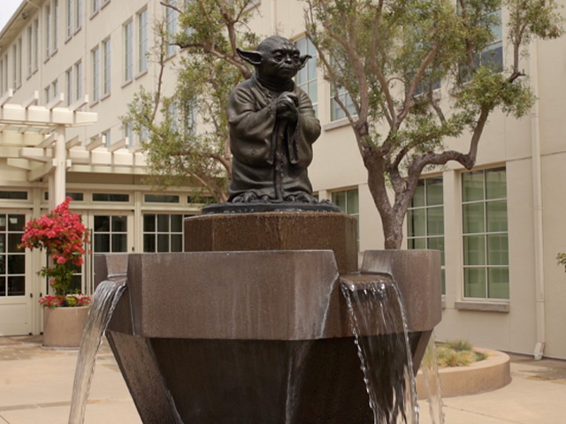 A Star Wars Yoda fountain at the Lucasfilm studio lot