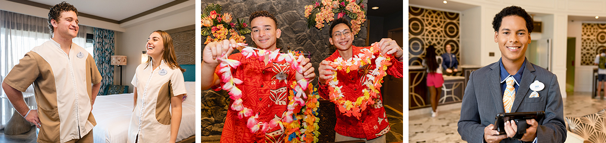 lodging cast members in uniform, smiling and performing tasks including room maintenance, handing out leis and checking in guests