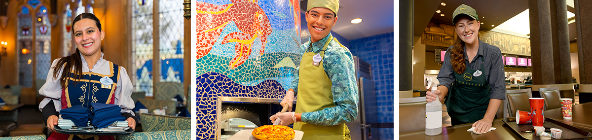 young people in uniform/costume, smiling and serving food and beverages at various Disney park restaurants