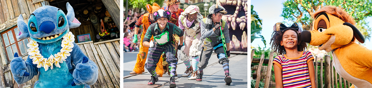 entertainment cast members in costume, performing and interacting with Disney park guests