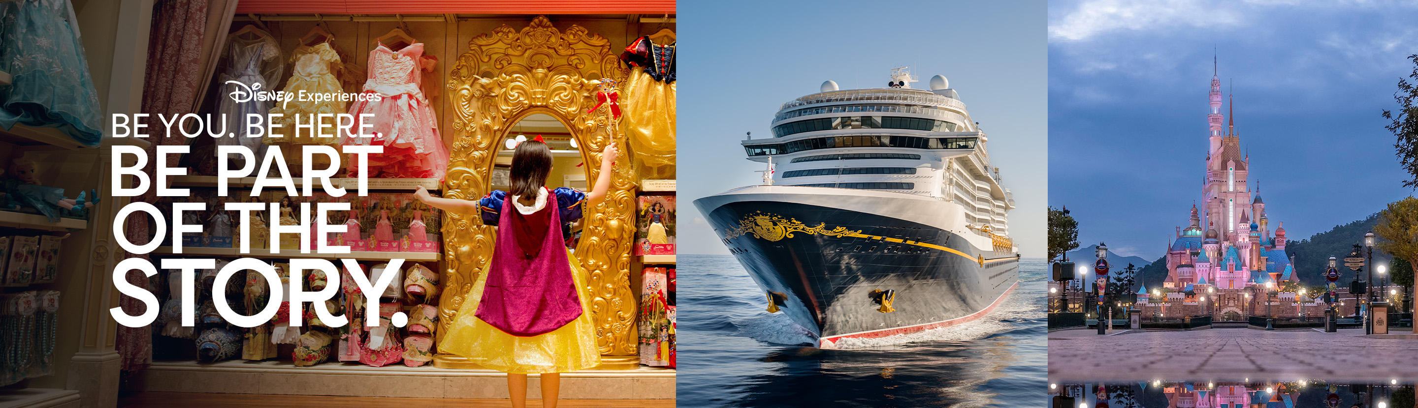 A collage of Disney Experiences offerings including Disney Parks, Disney Cruise Line and Disney Consumer Products