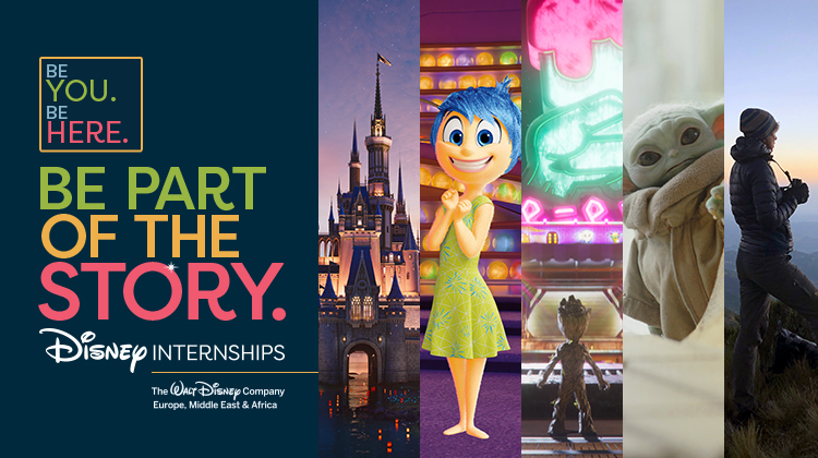 Be Part of the Story text with images of a Disney castle, Joy from Inside Out, Baby Groot, Grogu and an explorer from National Geographic