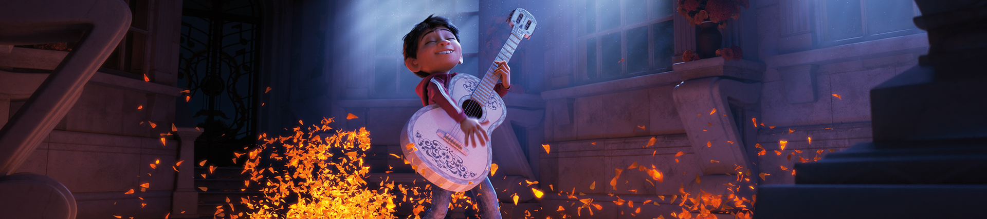 Miguel from Coco strumming a guitar with glowing petals at his feet