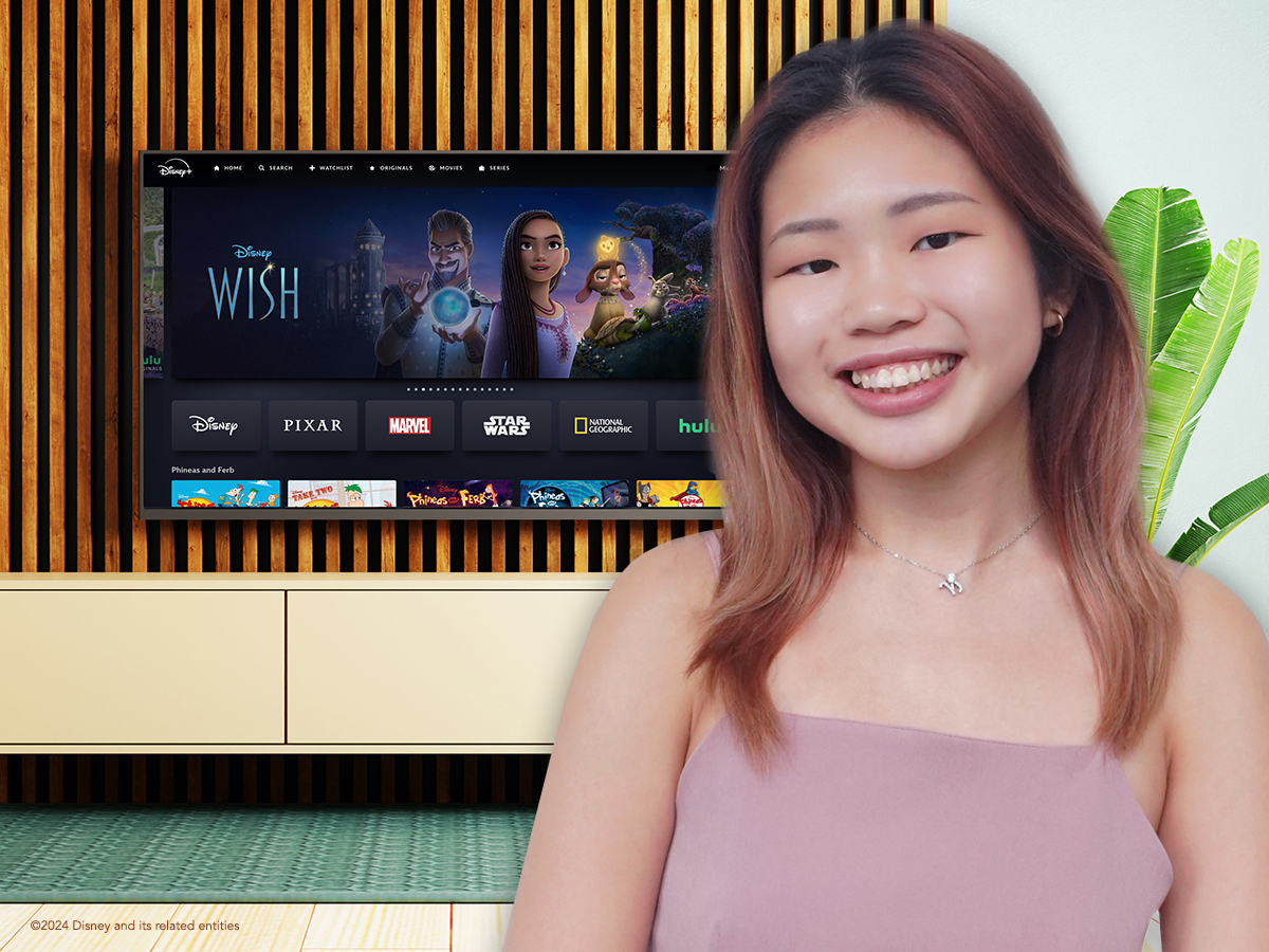 Image of the Disney + intern Cheryl over a background of a tv screen featuring Disney +