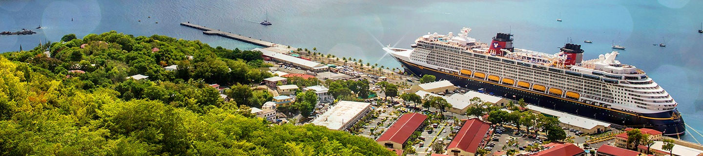 Disney Cruise Line ship alongside the coast of an island