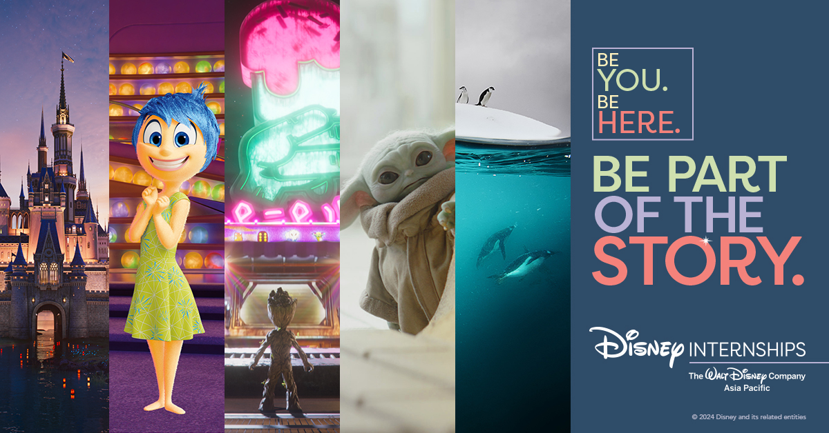 Disney Be Part of The Story Logo featuring the Walt Disney World Castle, Joy from Inside Out, Groot, character from the Mandalorian, and an image from National Geographic.