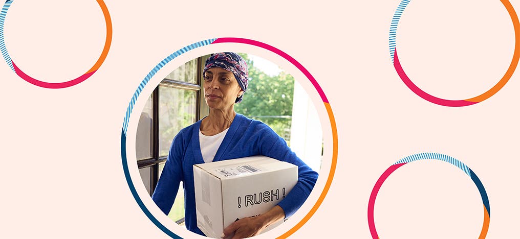 Image of patient bringing in a mail-order prescription from her front door