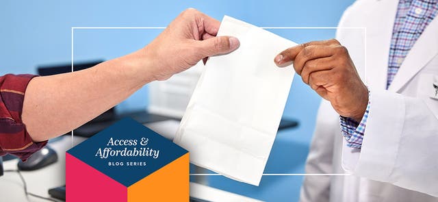 Image of a pharmacist handing a prescription to a patient. Image reads: Access & Affordability Blog Series