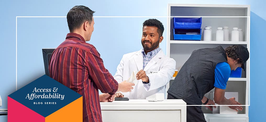 A pharmacist handing a patient a prescription across the pharmacy counter. Image Reads: Access and Affordability Blog Series