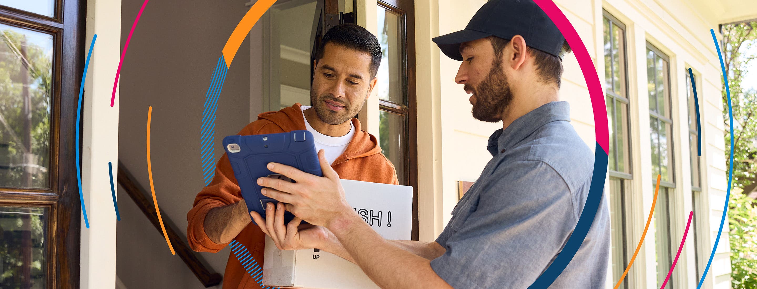 a delivery person at a patient's door having them sign for their prescription
