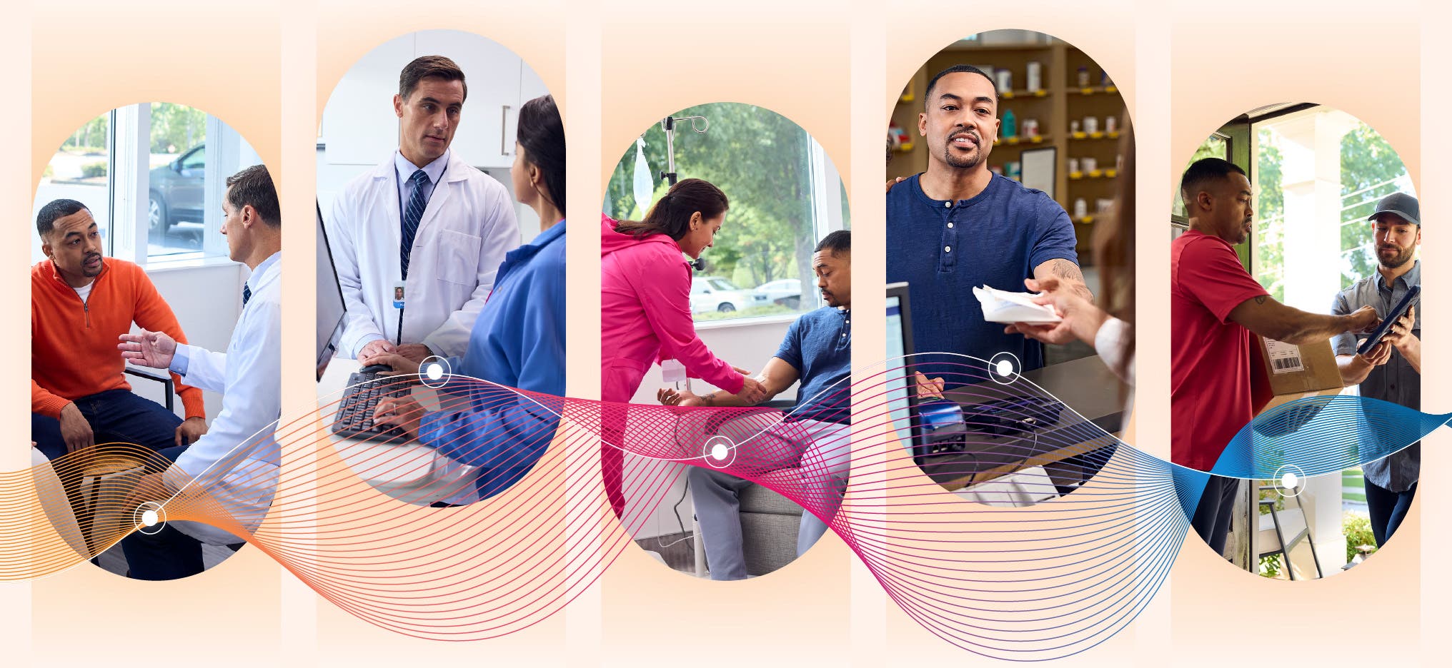 Images of patients, providers, pharmacists connected through the CoverMyMeds network