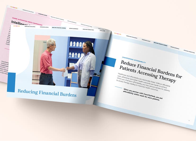 Image of the CoverMyMeds Pharma eBook open to an image of a pharmacist handing a prescription to a patient. 