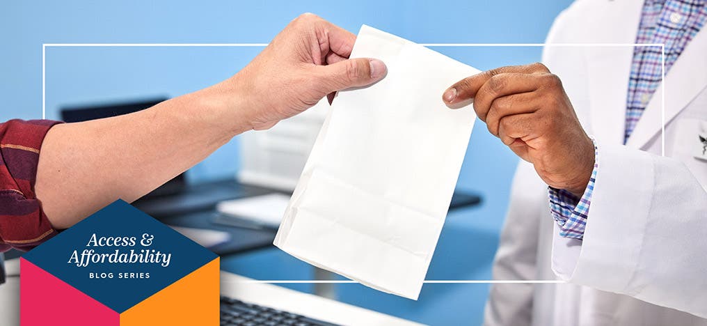 Image of a pharmacist handing a prescription to a patient. Image reads: Access & Affordability Blog Series