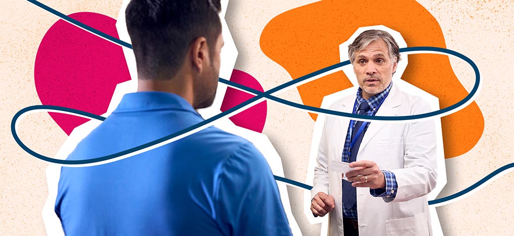 Image shows a doctor handing a patient a copay card