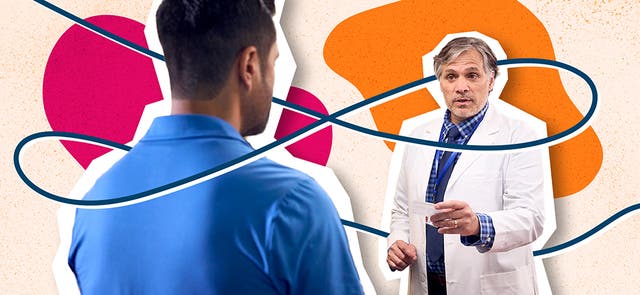 Image shows a doctor handing a patient a copay card