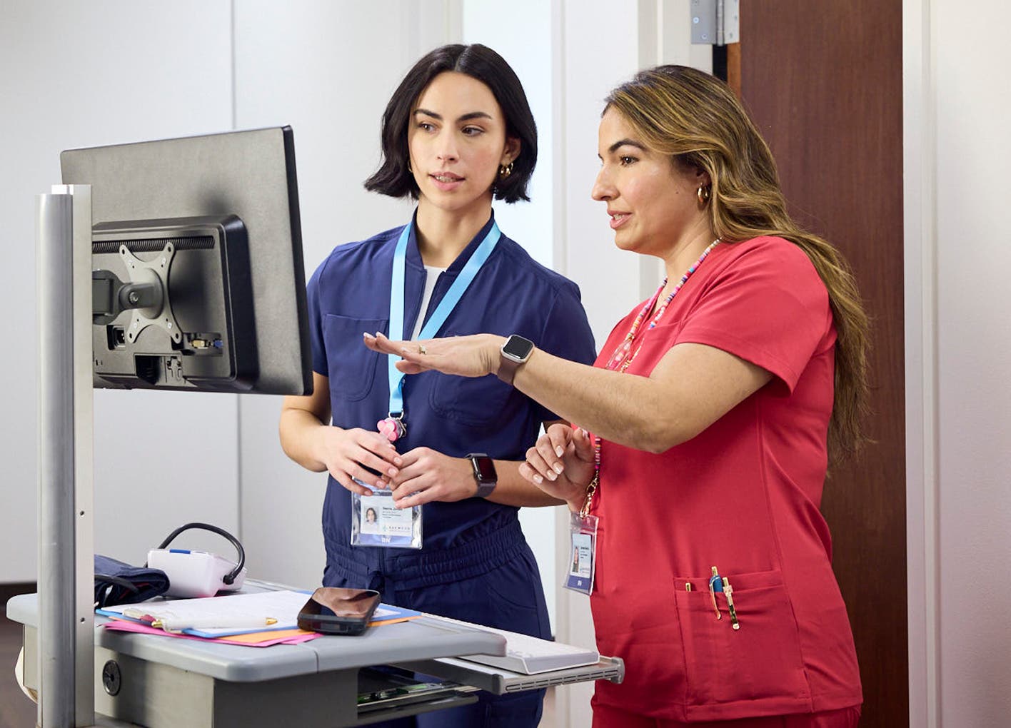 Two providers standing at a computer discussing a chart