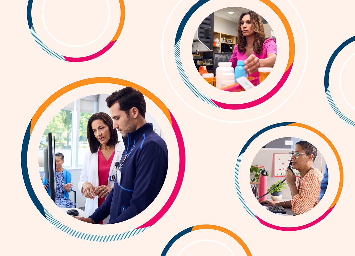 A collage featuring users of CoverMyMeds services, including a provider and care team at a workstation, a pharmacist processing prescriptions, and a payer submitting claims.