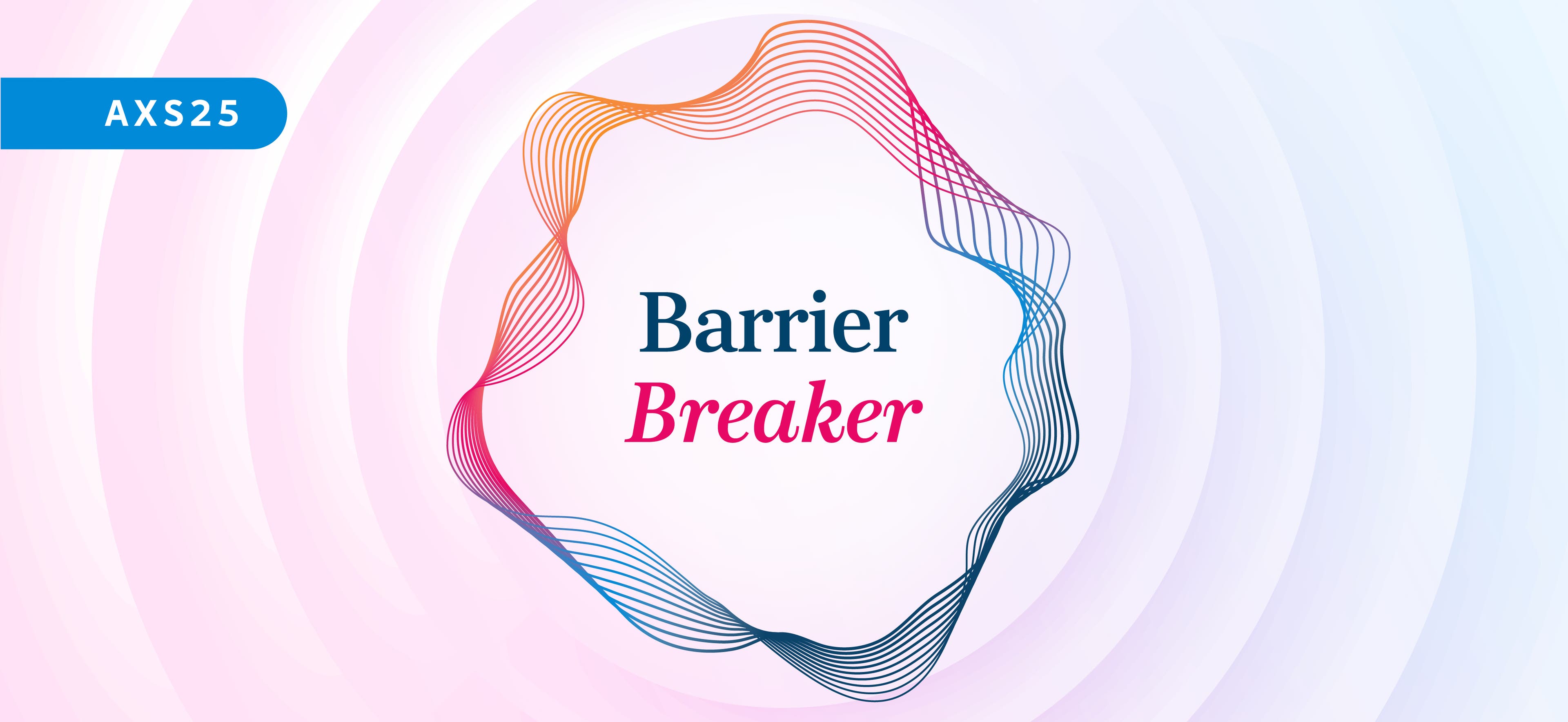 Pink and blue gradient background with multicolor border around the words Barrier Breaker