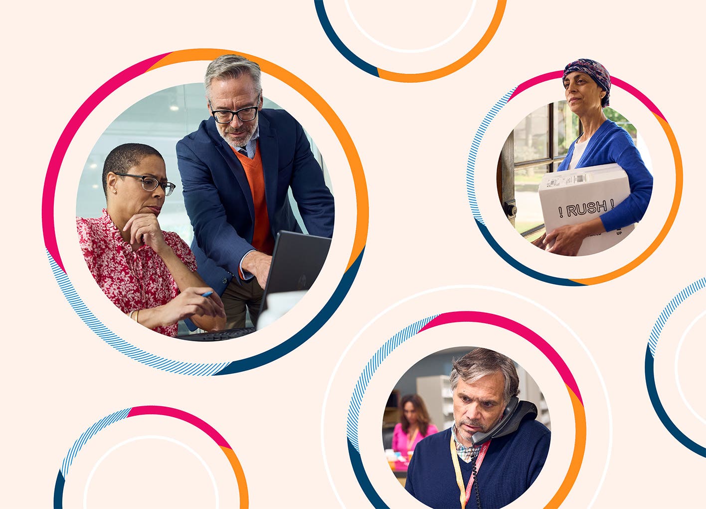 A collage featuring photos of who we serve, including a pharmacist using the phone, pharma decision makers in a meeting, and a patient receiving medication delivered to their home.