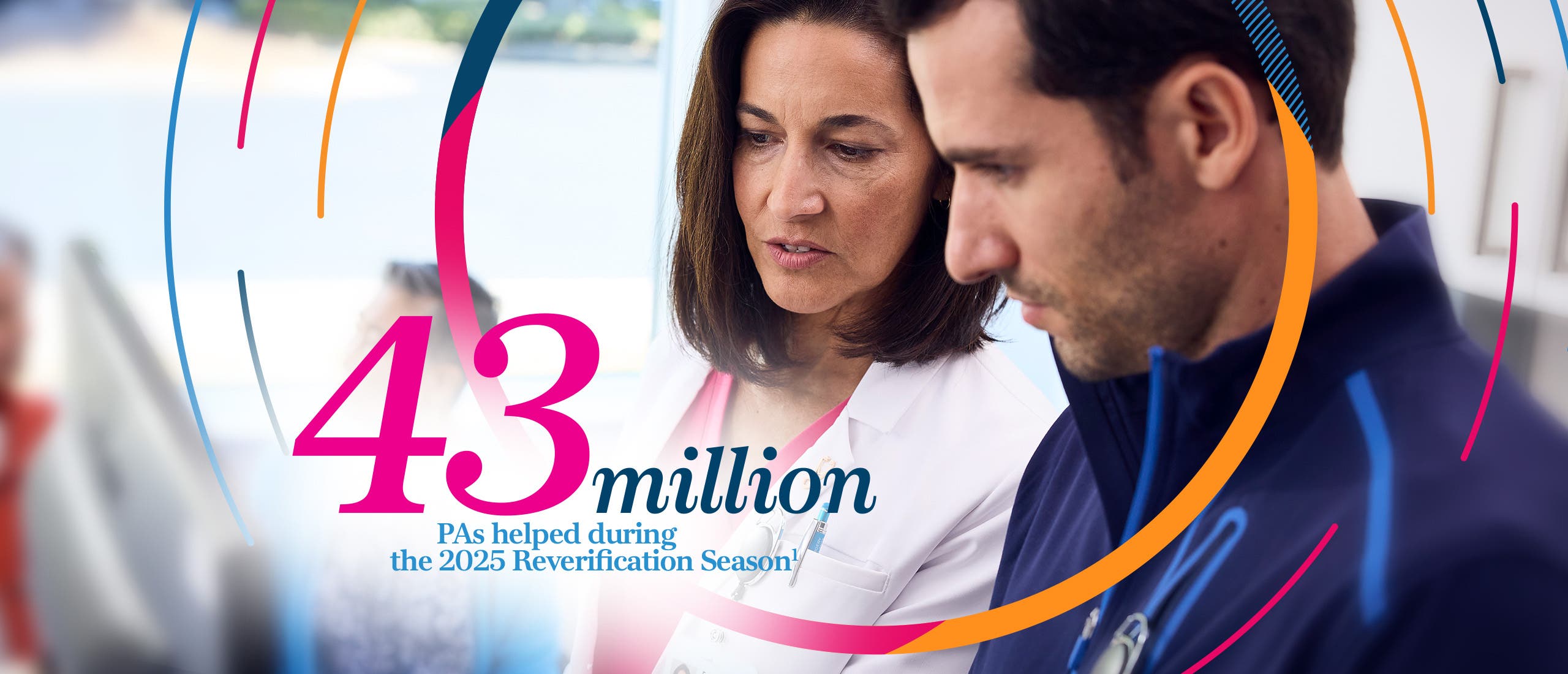 Image reads 43 million PA's helped during the 2025 reverification season and pictures two healthcare providers consulting at a computer