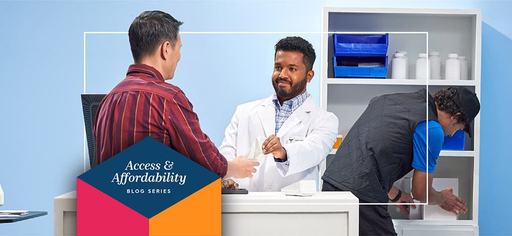 A pharmacist handing a patient a prescription across the pharmacy counter. Image Reads: Access and Affordability Blog Series