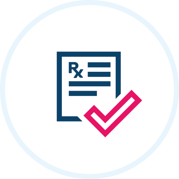 Illustration of a blue prescription with a magenta check mark overlaid